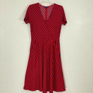 Lands' End Red & Black Striped Faux Wrap Dress, S